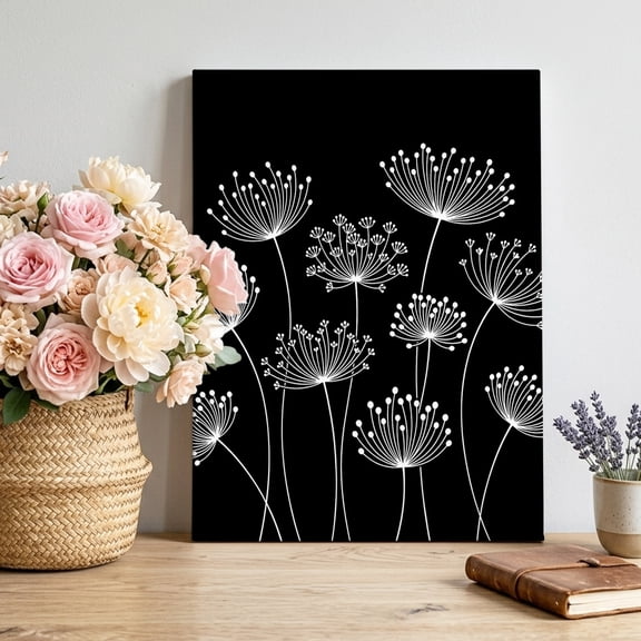 Canvas Wall Art Dandelion Canvas Art Print Spring Country White Dandelion Floral Black Pictures Wall Decor for Living Room Bedroom Artwork Decorations Stretched Framed Ready to Hang 8"x10"