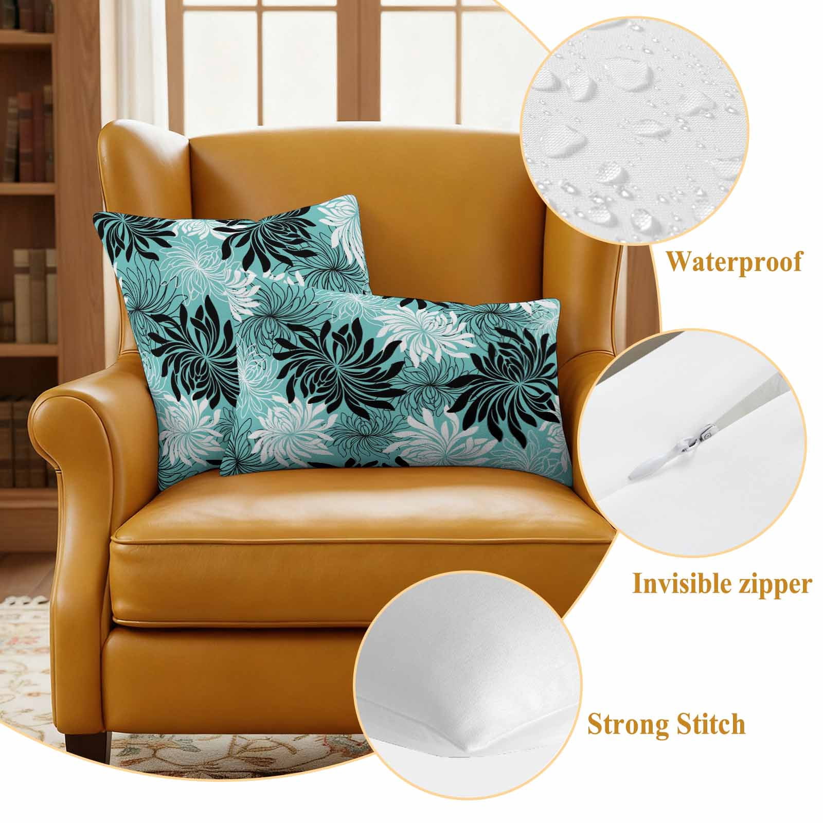 Teal Black Flowers Outdoor Waterproof Throw Pillow Covers 18x18 Set of 2, Modern Abstract Blooms Floral Decorative Pillowcases Cushion Pillowcase for Couch Sofa Patio Outside Pillow Protector