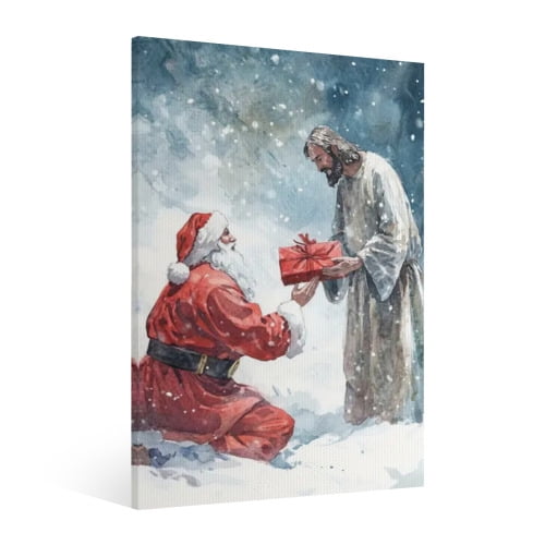 Vintage Christmas Santa Claus and Jesus Wall Art Paint Framed - Retro Xmas Festive Winter Holiday Christmas Wall Decor Canvas Print for Living Room Kitchen Bathroom Home Bedroom Decor