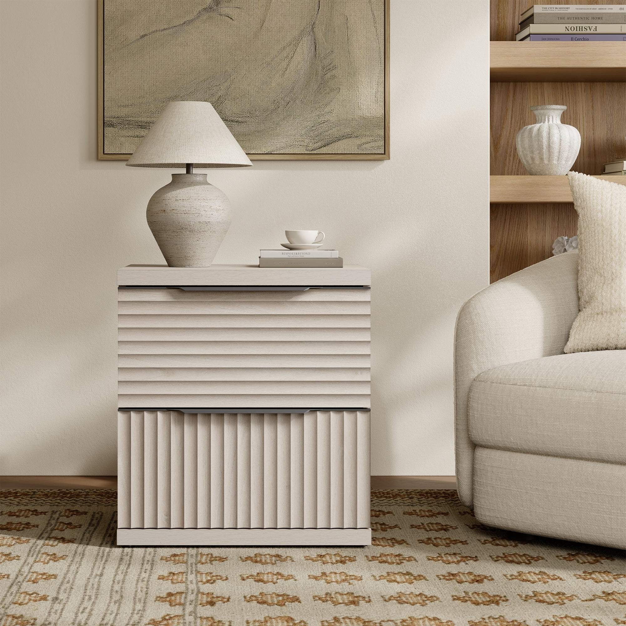 SICOTAS Fluted 2 Drawer Nightstands for Bedroom, Modern Wooden Bedside Tables with Drawers & Black Handles, Light Grey