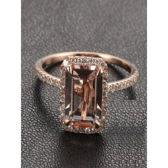 Sale: 1.50 Carat Peach Pink Morganite (emerald cut Morganite) and Diamond Engagement Ring in 10k Rose Gold