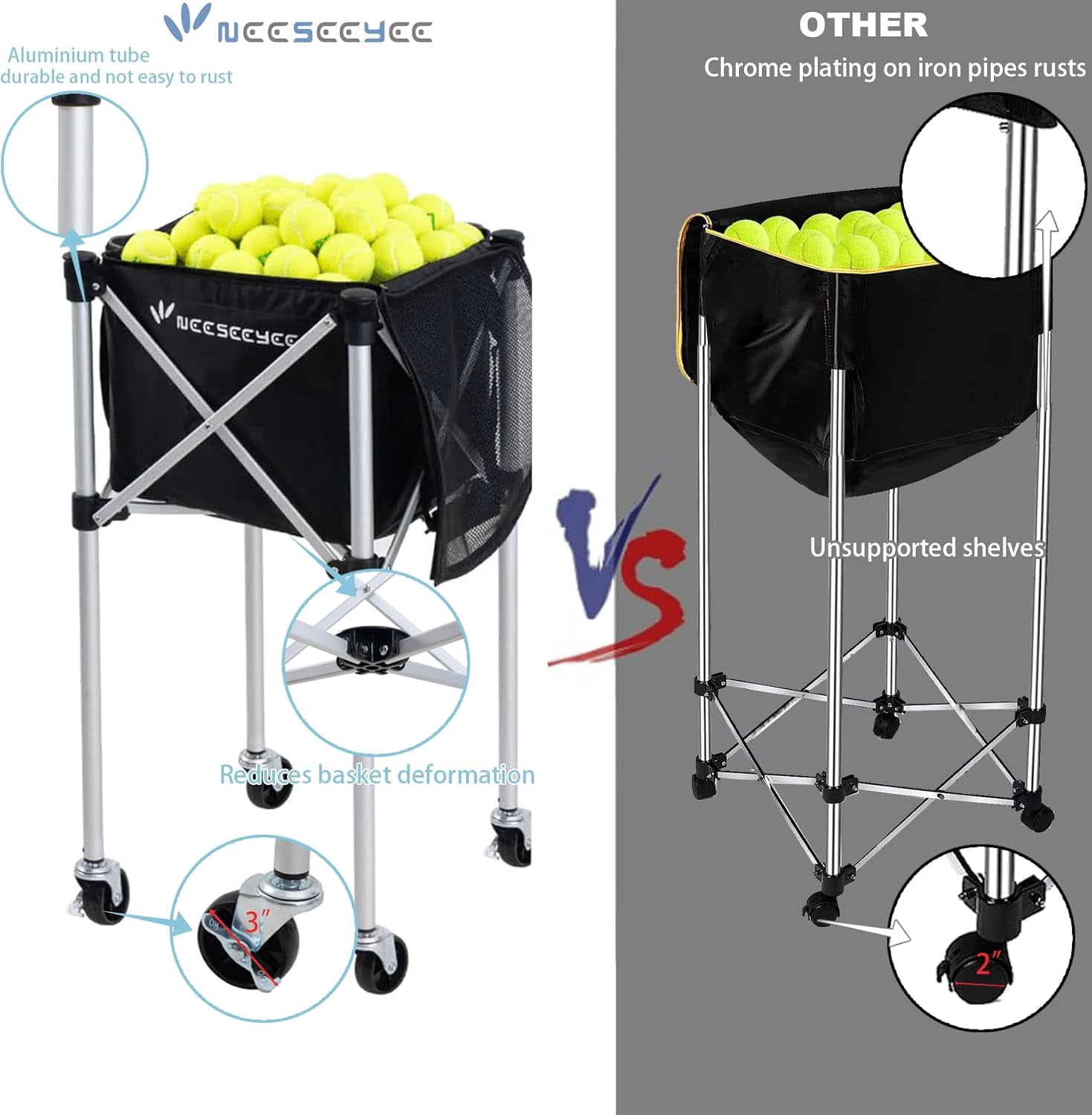 Portable Pickleball & Tennis Ball Collector Pickleball Caddy Practice Equipment (Holds 100 Pickleballs or 150 Tennis Balls)