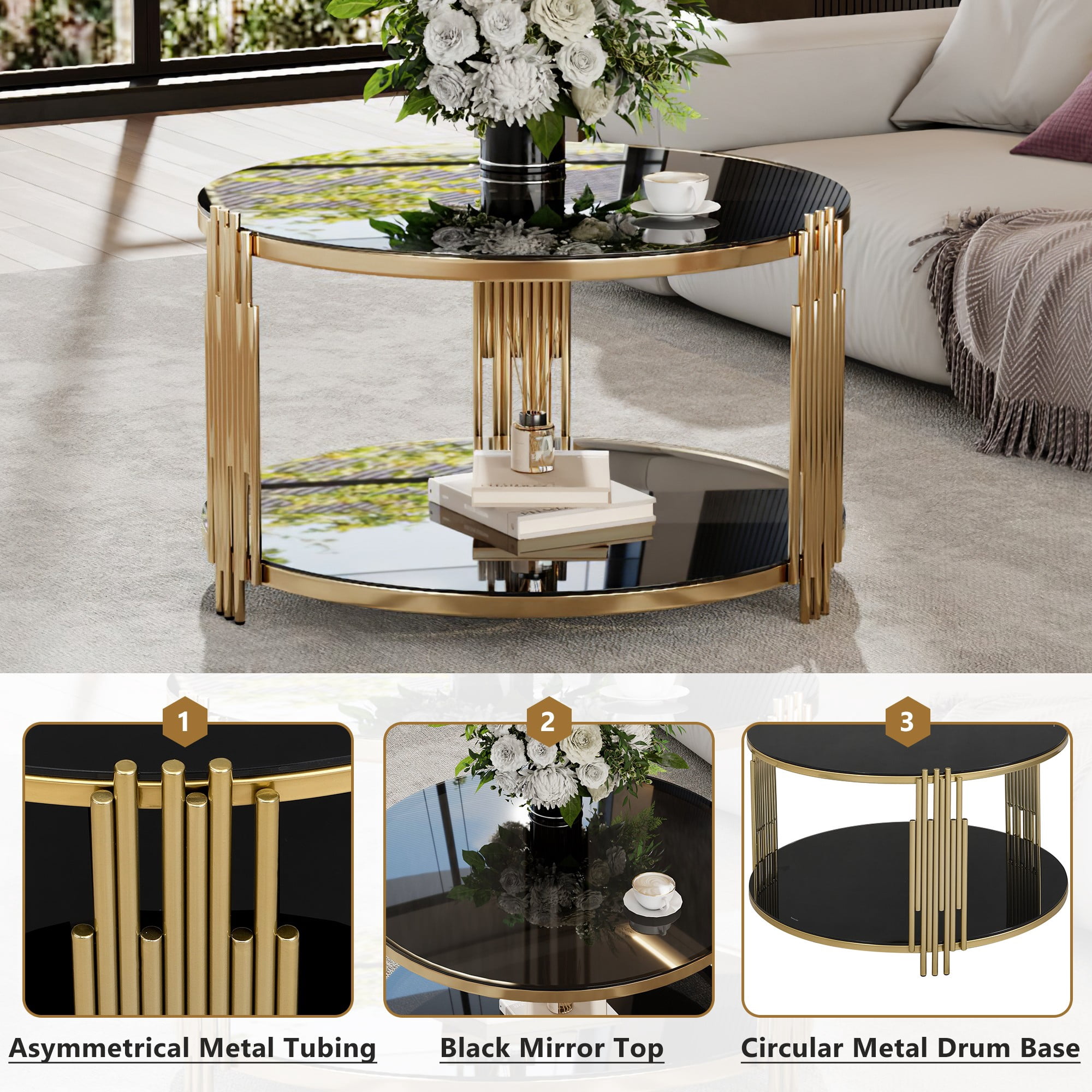 Aukfa Modern Round Tempered Glass Coffee Table, 2-Tier Center Table with Golden Metal Frame for Living Room, Black