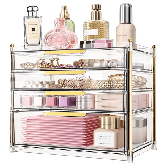 Kisportee Makeup Drawer Organizer, Clear Plastic 4 Tier Drawer Bathroom Counter Organizers, Makeup Organizer for Vanity, Plastic StorageBins for Cosmetic, Skincare, Face Mask, Jewelry