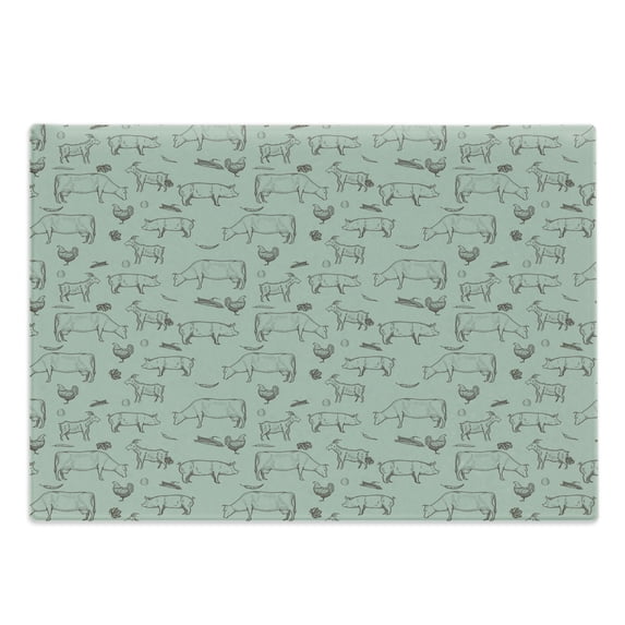 Cattle Cutting Board, Pattern with Domestic Animals Sketchy Silhouettes Farming Themed Print, Decorative Tempered Glass Cutting and Serving Board, in 3 Sizes, by Ambesonne
