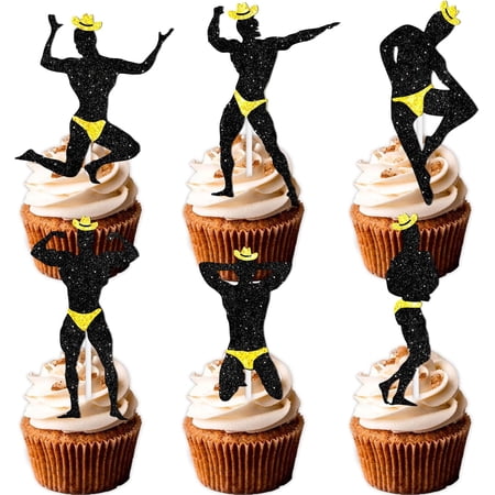 Glitter Male Stripper Cupcake Toppers, Black and Gold Dancing Man Silhouette, Bachelorette Party Decorations, 12 Count