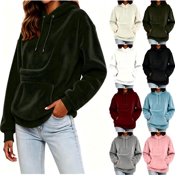 Tqcoqu Women's Warm Double-Sided Fleece Hoodie,Oversized Kangaroo Pocket Long Sleeve Sweatshirt,Army Green Women's S-XXL