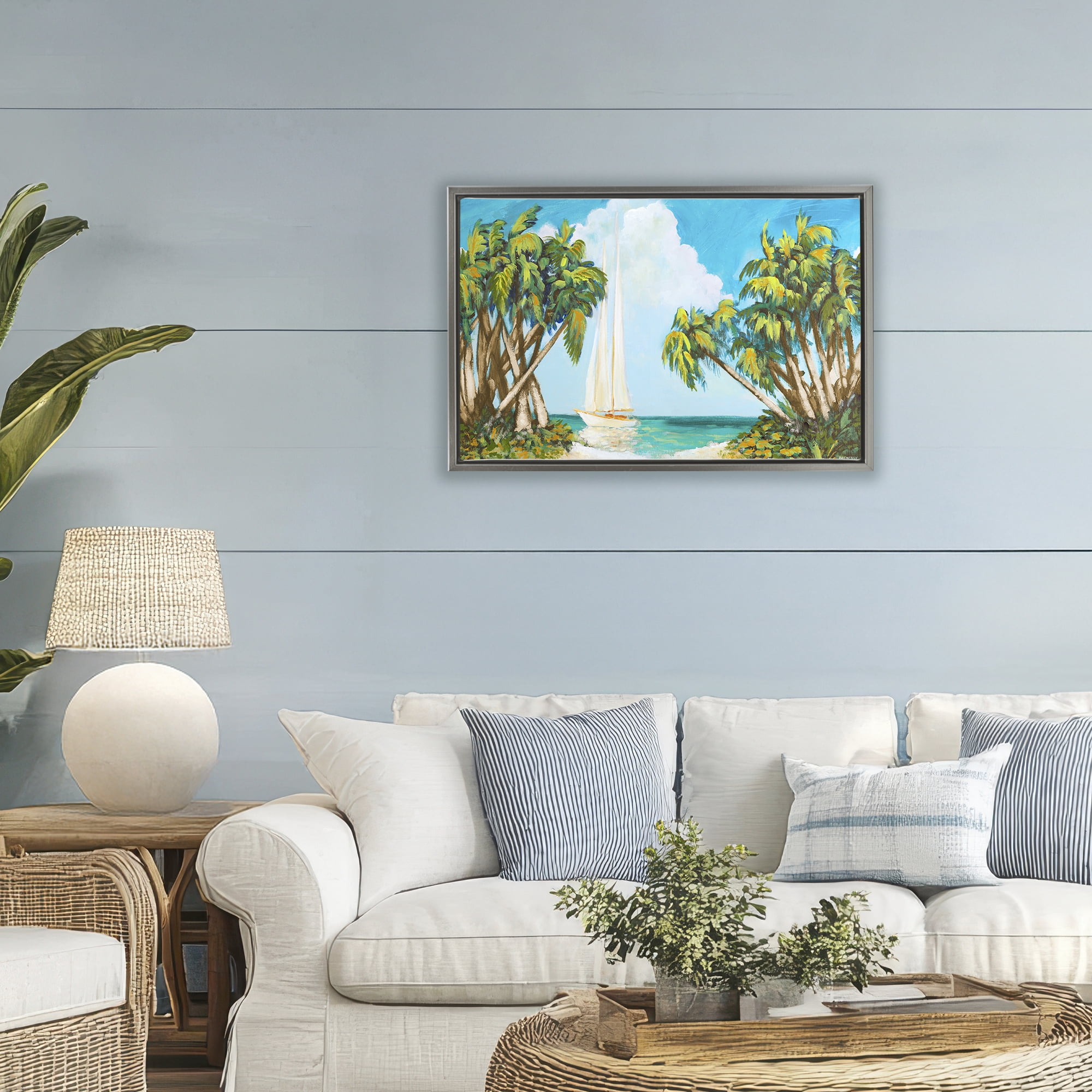 Stupell Industries Sailboat Among Palms Gray Framed Floater Canvas Wall Art, design by Dan Meneely