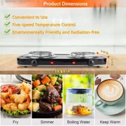 Hinzonek 2000W Portable Electric Double Burner, Electric Hot Plate Kitchen Cooktop Cooking Stove Frying Pan and Easy to Clean for Home or Dorm, 5 Adjustable Temperatures, Black