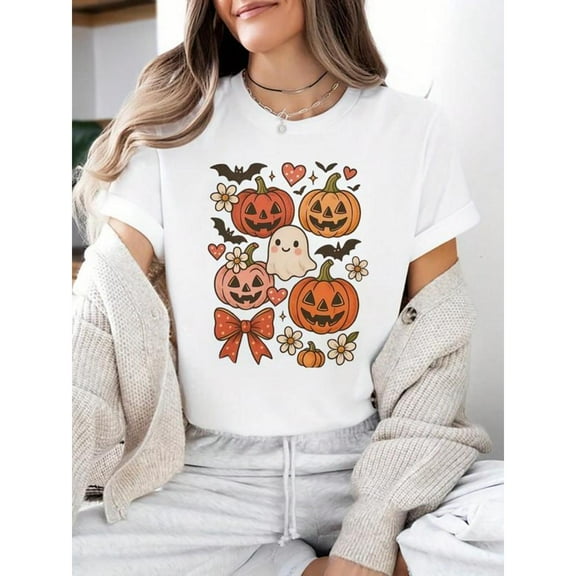 Halloween Print T Shirt Graphic Tee Top For Party Travel Cotton Short Sleeve Round Neck White S-5XL