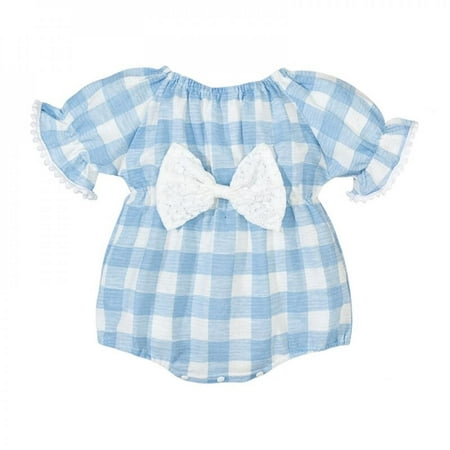 

Shop Clearance! Cozy Summer Newborn Kids Cute Short-sleeved Romper Bowknot Lattice Cotton One-piece Romper Blue