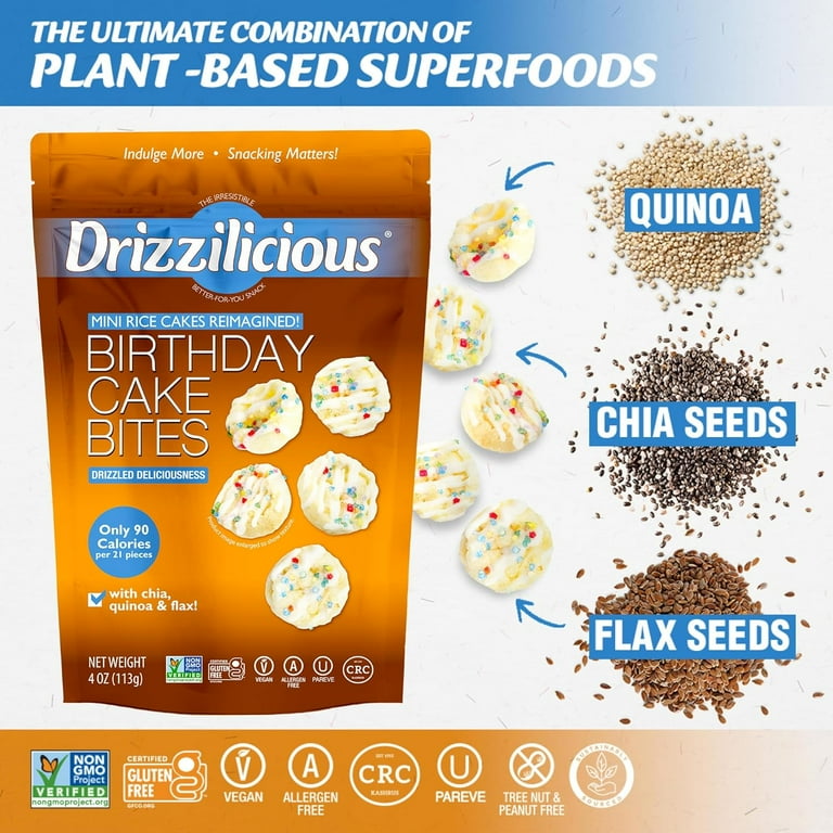 Drizzilicious Birthday Cake 4oz 2 Pack Bites | Mini Snack Chocolatey Rice Cakes