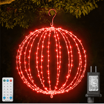 16INCH Outdoor/Indoor LED Christmas Light Ball,Foldable Metal Sphere Lights, Connectable Waterproof 16 Modes with Timer, Hanging Tree Globe Lights for Holiday Christmas Decorations (RED)