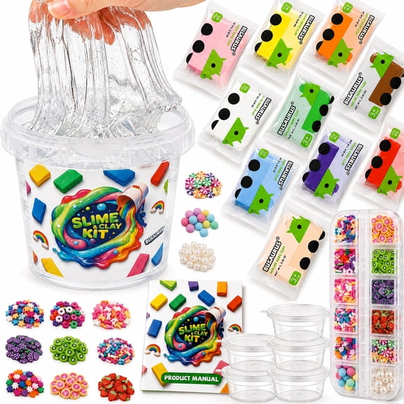 BUSAURUS Dinosaur Clear Slime and Foam Clay Kit for Kids, 17 fl oz, 10 Color Foam Clay packs, Charms and 5 Storage Containers