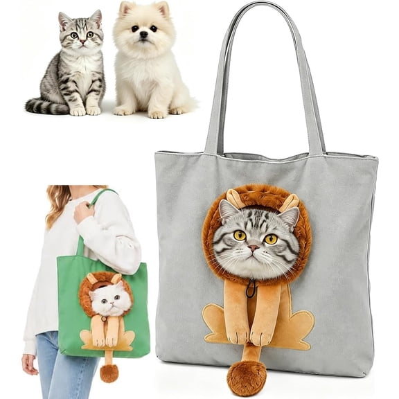 Lion Shaped Cat Carrier Bag, Cute Dew Head Shape Cat Bag (Gray,Medium) Cat Carrier Tote Bag with Lion Face Hole, Lion-Shaped Pet Carrier Shoulder Bag for Small Cats, Kittens and Dogs
