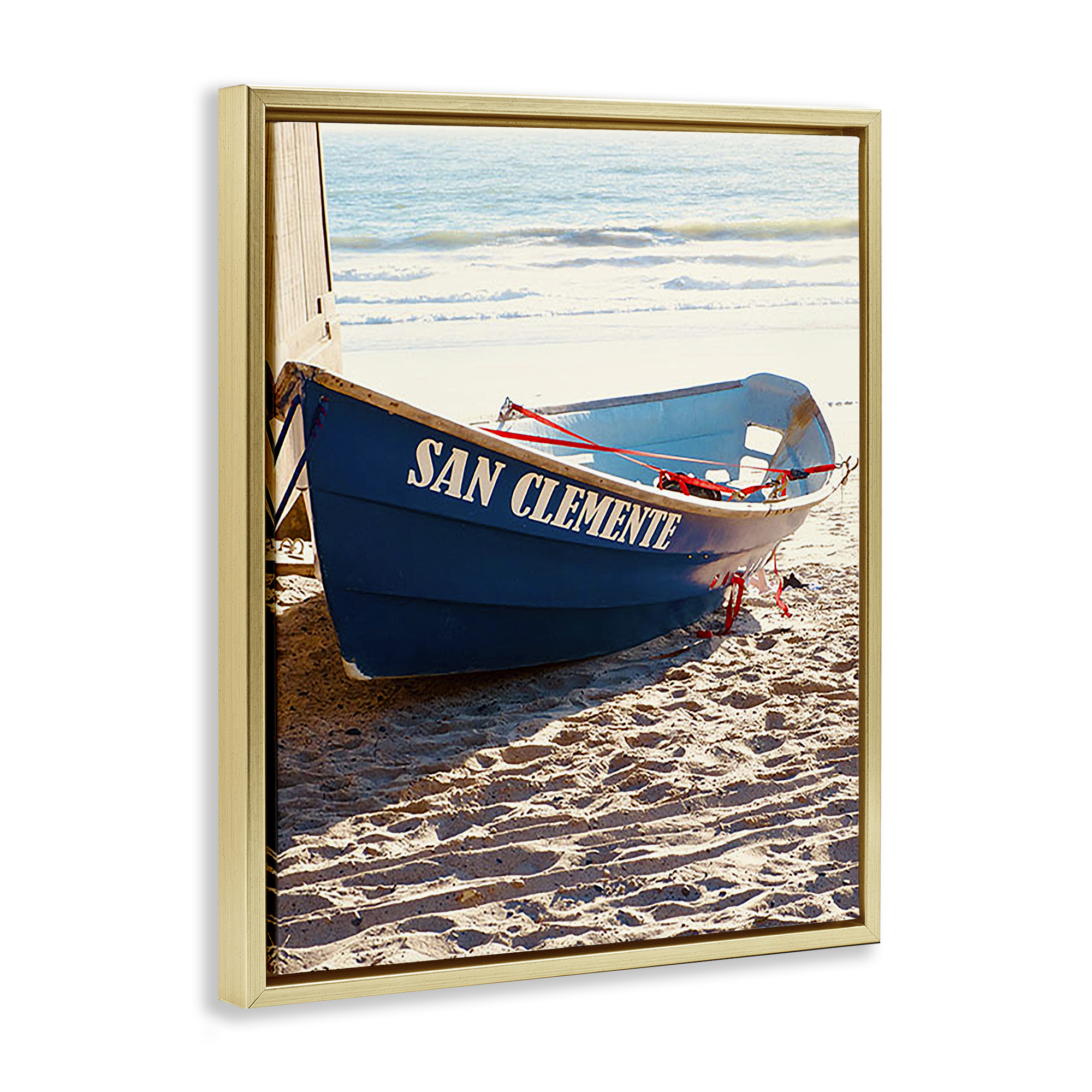 Stupell Industries Blue Boat on Sand Transportation Photography Gold Floater Framed Canvas Art Print Wall Art, 17 x 21