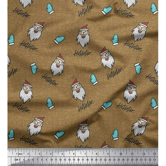 Soimoi Brown Cotton Voile Fabric Gloves & Santa Face Christmas Printed Craft Fabric by the Yard 42 Inch Wide