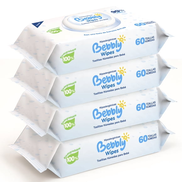 Bebbly Toallitas Húmedas para Bebé, 100% Fibras Naturales, Suaves y Resistentes, Sin Fragancia, Textura Extra Suave para una Limpieza Delicada, Hipoalergénicas y Seguras para Piel Sensible (4 pz)