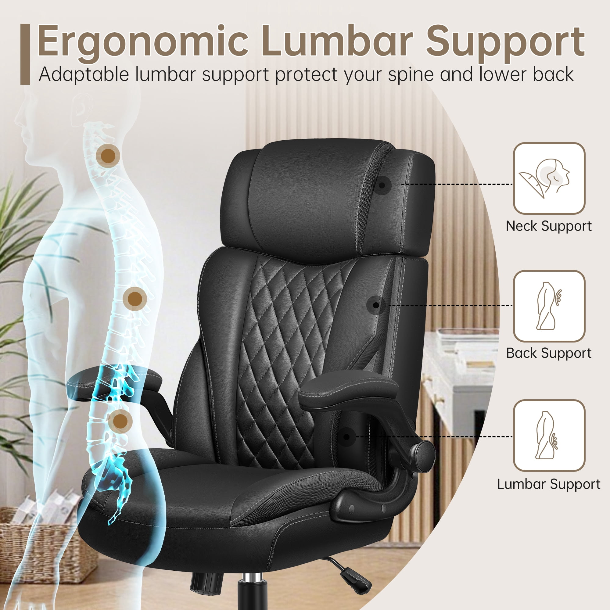 FASTES Big and Tall Ergonomic Office Chair - Black Leather Computer Desk Chair, Reclining High Back Ergonomic Chair with Adjustable Headrest & Lumbar Support
