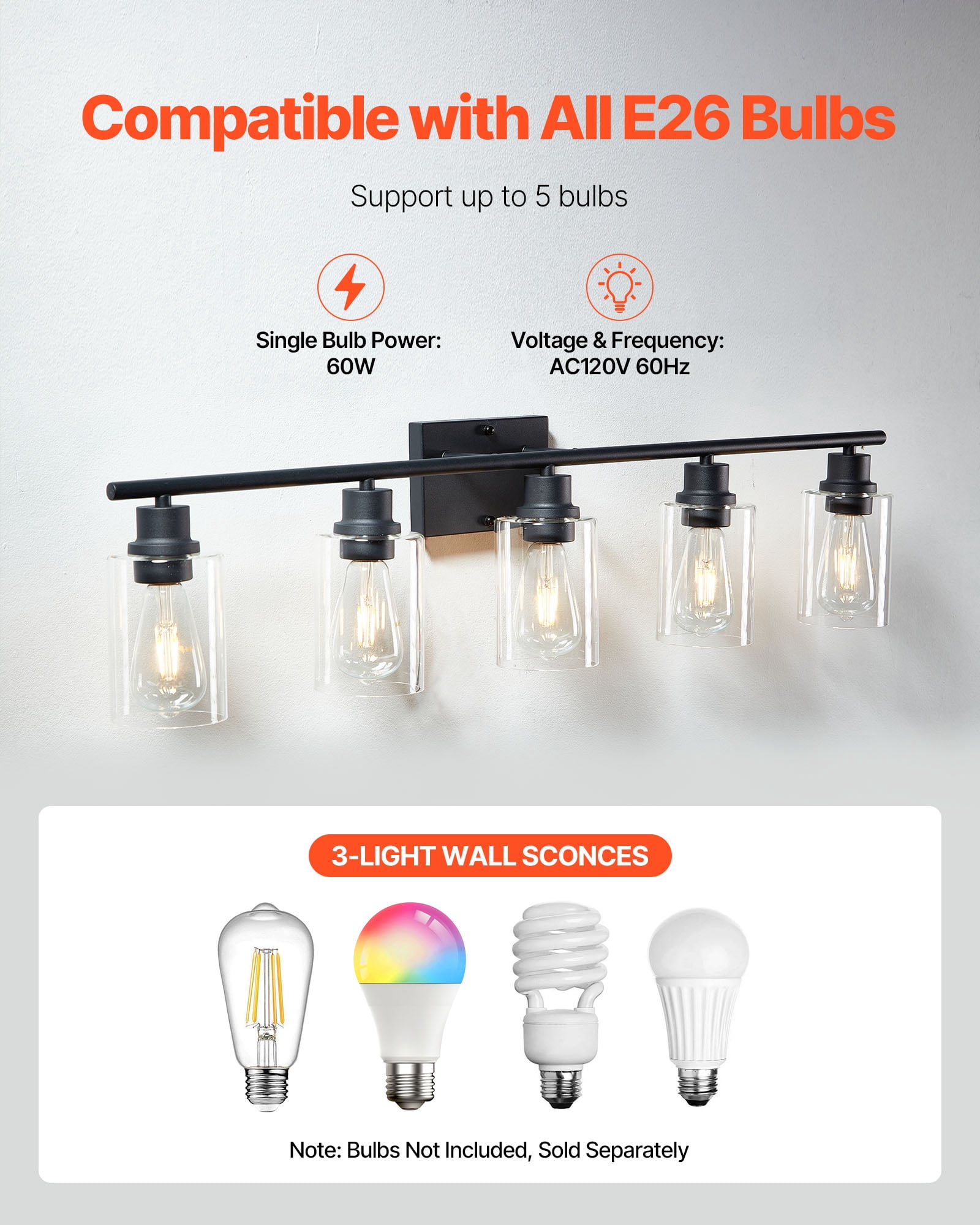 VEVOR 5-Light Bathroom Vanity Lights, 37.1-Inch, Modern Light Fixtures Above Mirror with Clear Glass Shade, 60W, Wall Lighting for Bathroom, Living Room, Bedroom, Hallway, E26 Base