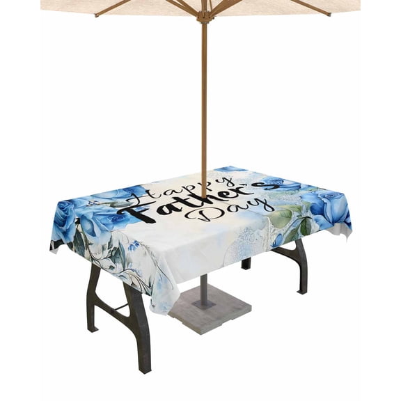 Fsddascl Happy Father's Day Outdoor Tablecloth - 60x120 Inch Rectangle Dining Table Cover, Blue Spring Garden Floral Waterproof Outdoor Table Cloth with Umbrella Hole & Zipper for Picnic/Patio/Party