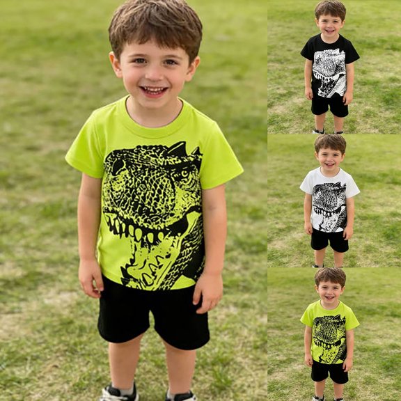 ZHOGXU Children Kids Boys T Shirt Summer Short Sleeved Round Neck Dinosaurs Print Comfortable Fashion Tee Top For Everyday Wear,Black,2-3 Years