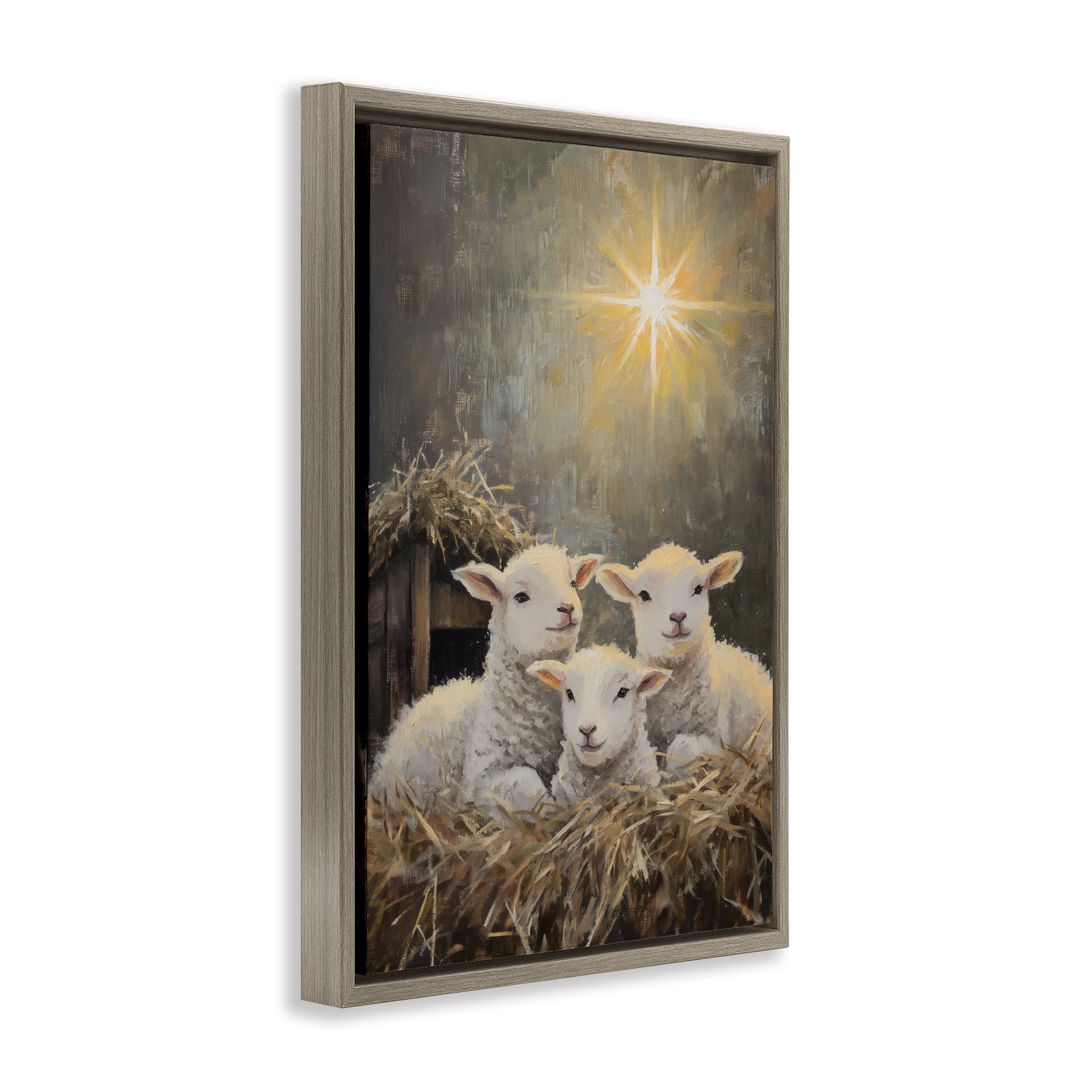 Festive Lambs in Stable Brown Framed Floater Canvas Wall Art, design by Petal Prints Design