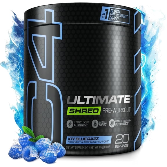 C4 Ultimate Shred Pre-Workout Powder, Ice Blue Razz, 11.1 oz (316 g)