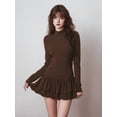 thumbnail image 4 of Women'S Fall Long Sleeve Dresses Mock Neck Ruched Y2K Clothes Ruffle Layered Bodycon Mini Party Dress Brown S, 4 of 9