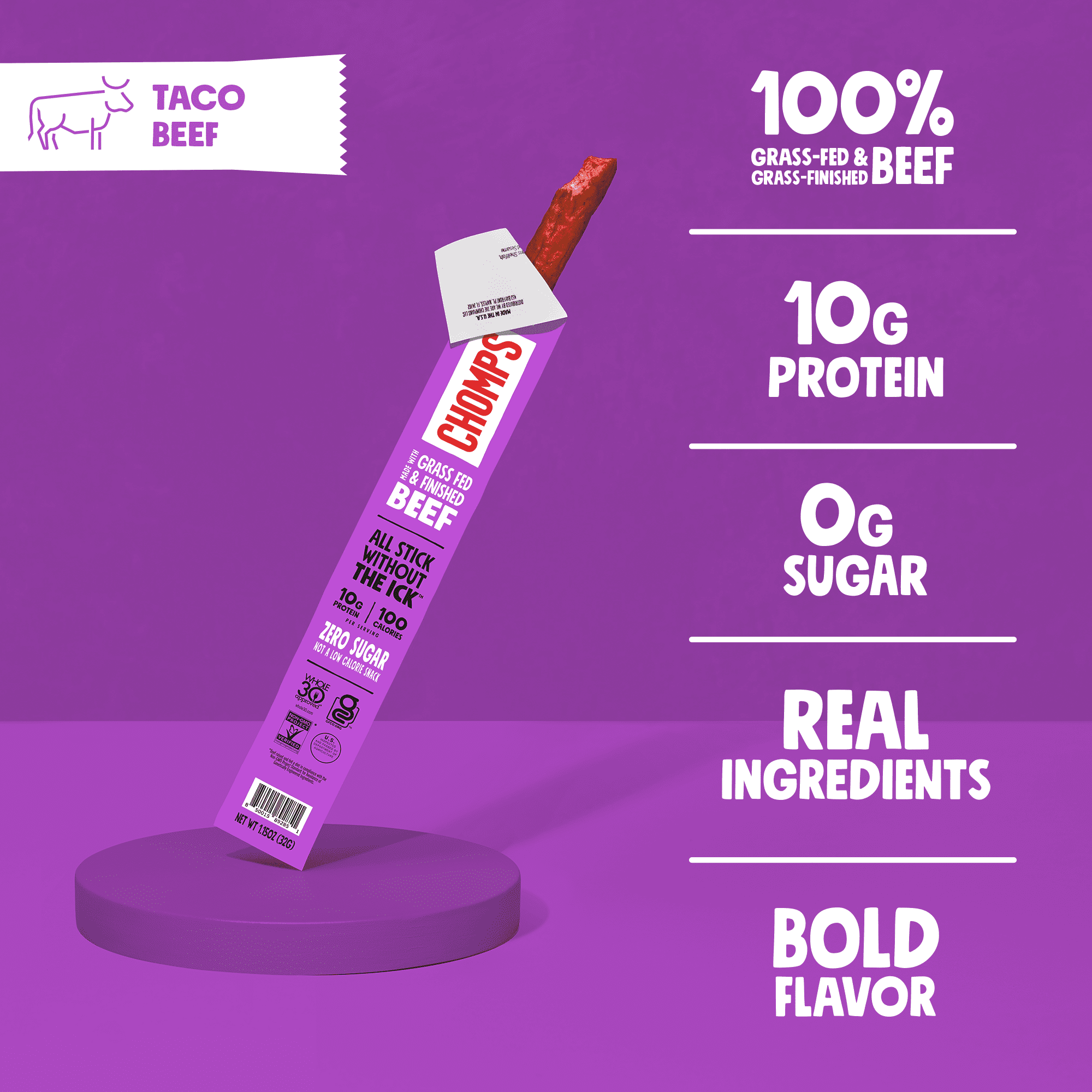 Chomps Grass-Fed And Finished Taco Beef Jerky Snacks Sticks, 10g of Protein