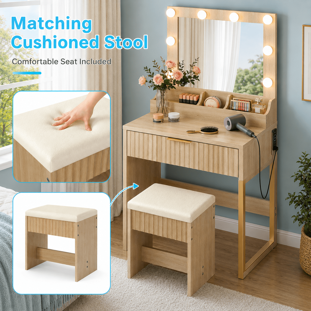 Ktaxon Flutted Makeup Vanity Table w/Stool, Dressing Desk with Charging Station, For Femal Gift, Wood Color