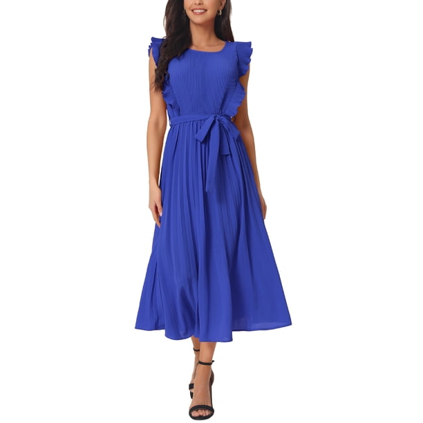 INSPIRE CHIC Vestido Midi Casual para Mujeres con Volantes Sin Mangas Cuello Redondo Plisado Fluido con Cinturón Color Azul Real