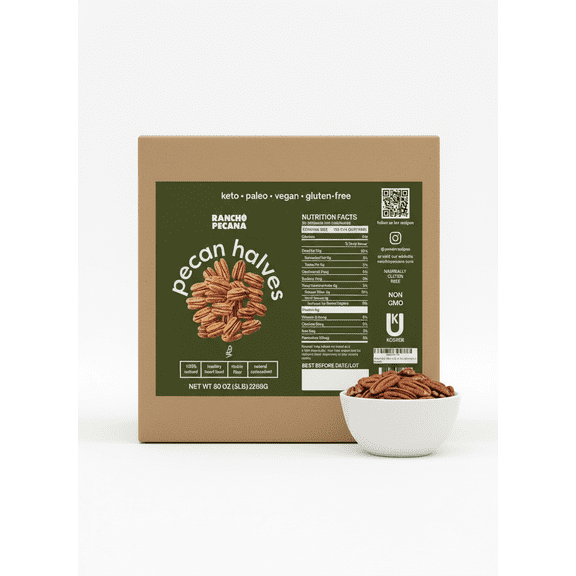 Rancho Pecana Premium Natural Pecan Halves 5 LB (80 Oz), Gluten-Free , Non-GMO, Heart Healthy Pecans