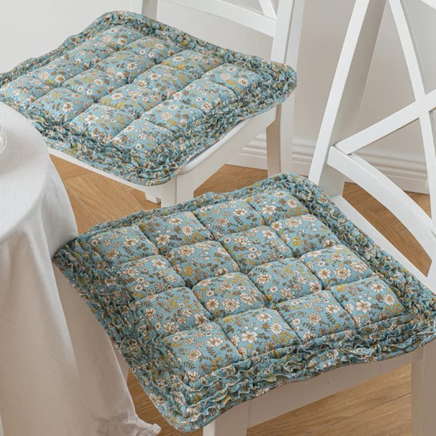 Xiao Hua Cojín de silla de algodón con volantes bohemios y lazos, antideslizante, para cocina y comedor, paquete de 2 (azul, 45,7 x 45,7 cm)