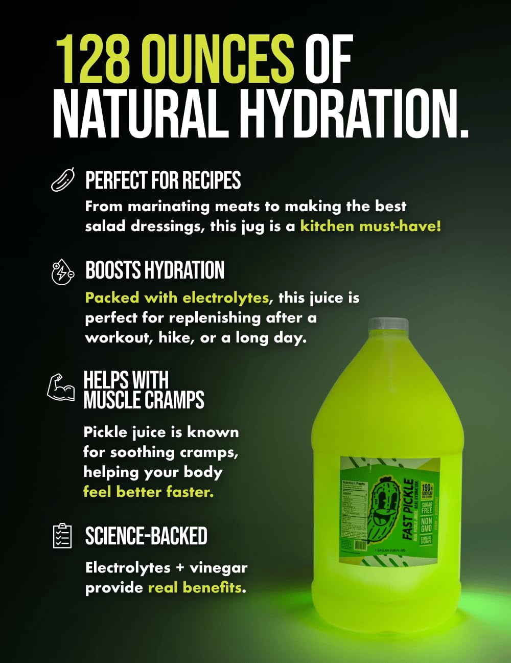 Fast Pickle Pickle Juice – 1 Gallon Electrolyte Drink for Hydration, Muscle Cramps & Recovery, No Sugar, Natural Ingredients