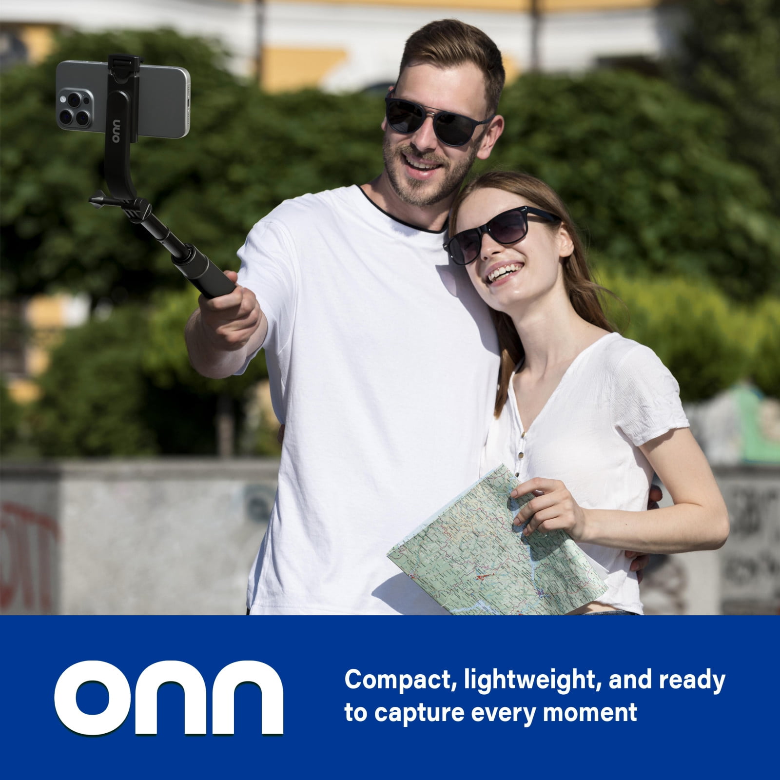 Onn Bluetooth Selfie Stick – Extendable to 40 in, 360° Rotating & Tilting Clamp with Built-In Rechargeable Shutter and Universal Camera Mount