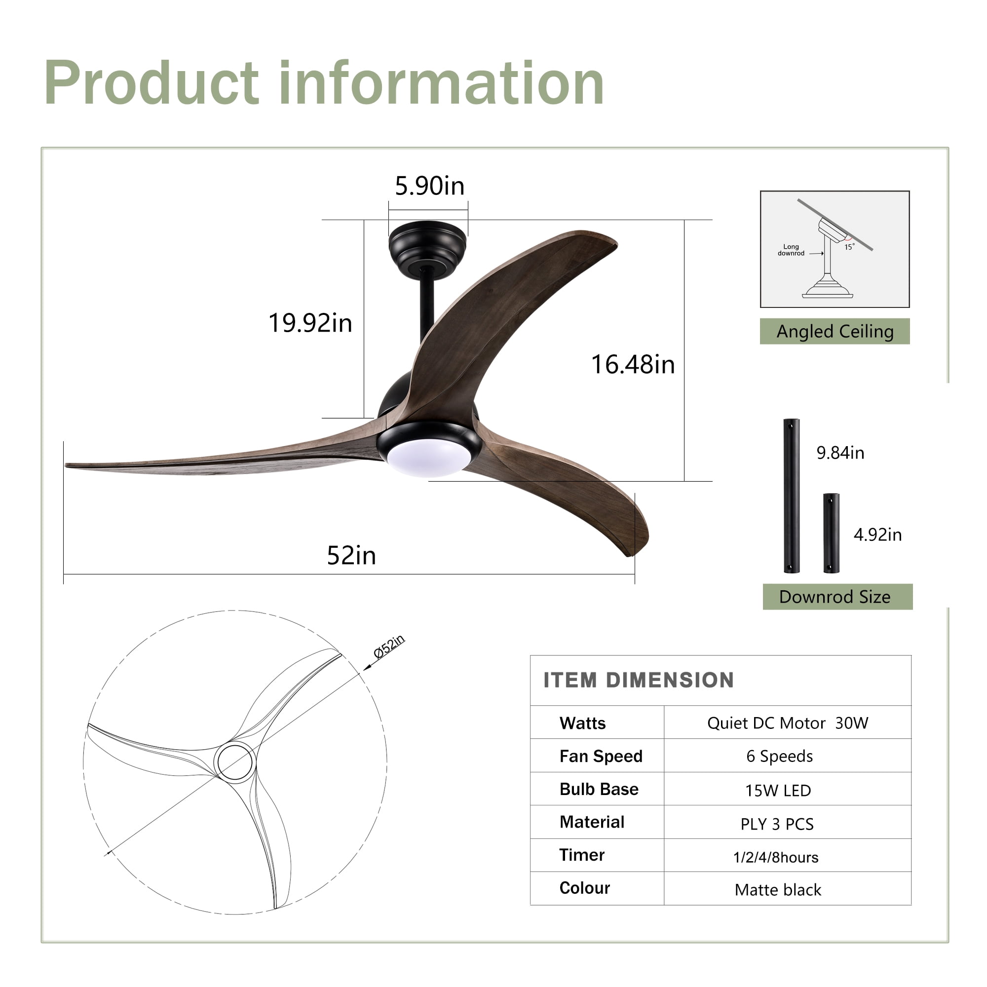 Ceiling Fan with Light, 52 Inch Reversible Noiseless Fan for Home Indoor Living Bedroom, Matte Black