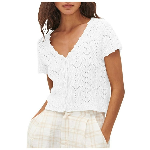 GPOECD Women's Crochet Cardigan Summer V Neck Open Front Short Sleeve Lace Knit Casual Boho Top White,S