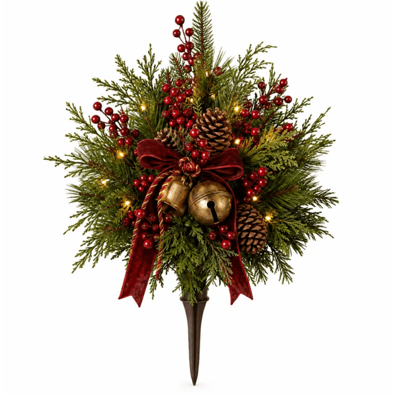 Christmas Front Porch Urn Filler Pre‑Lit Artificial Evergreen Greenery Red Berries Pinecones Antique Bells Battery Operated Outdoor Holiday Decor