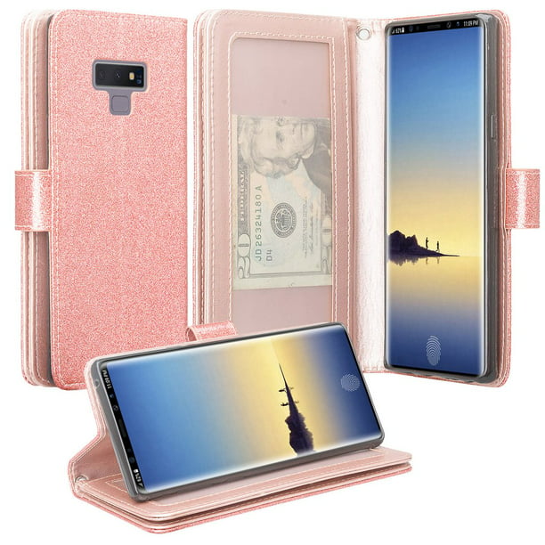 Samsung Galaxy Note 9 Case Cute Flip Folio Kickstand Glitter Leather Wallet Coverwith Id Card Slots Pocket Phone Case For Girls Women Rose Gold Walmart Com Walmart Com