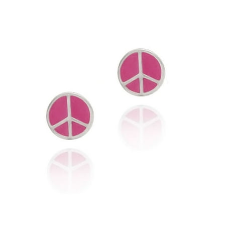 Sterling Silver Pink Enamel Peace Sign Symbol Earrings