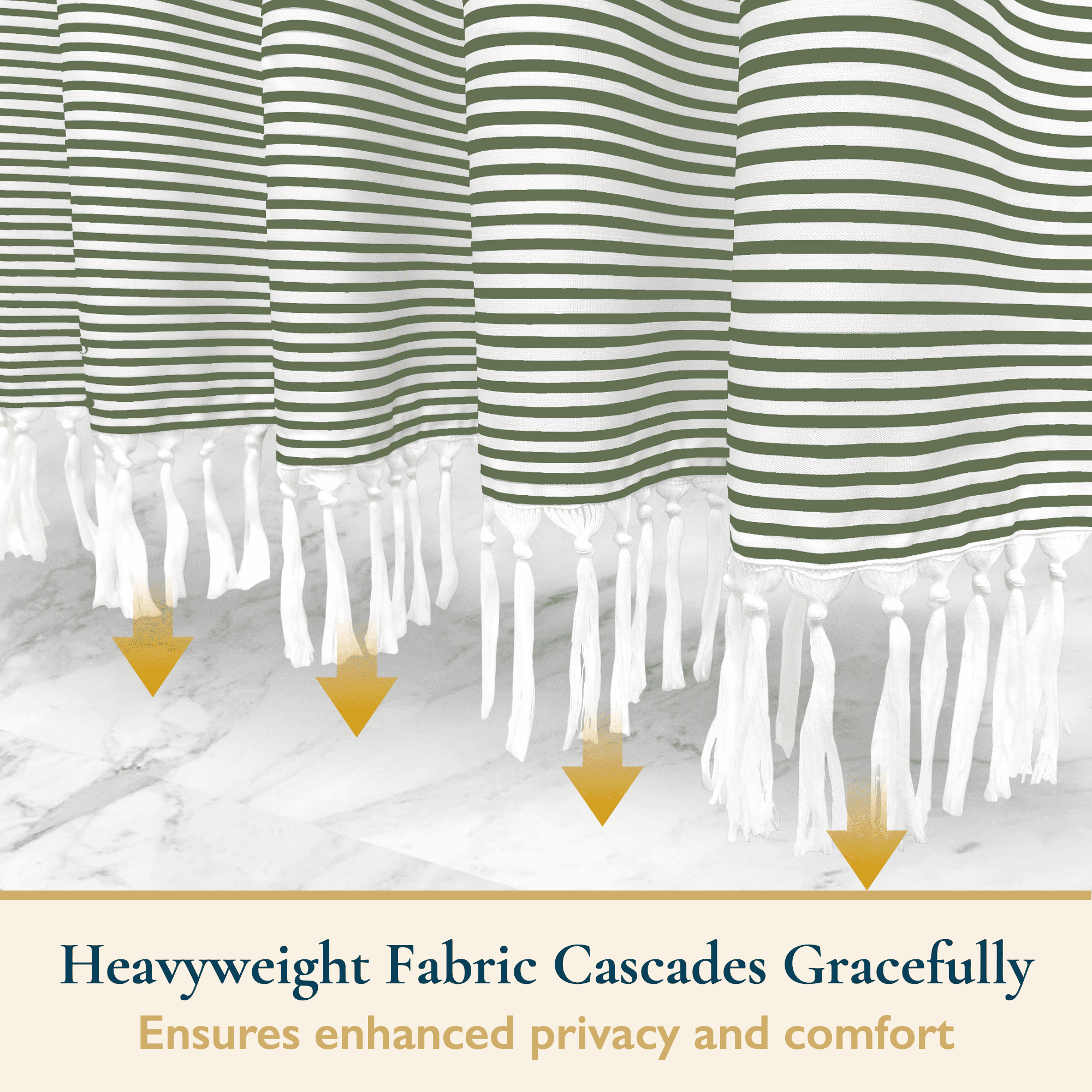 ComfiTime 13-Piece Tassel Shower Curtain Set with Hooks – Heavy-Duty Fabric Cloth, Boho Farmhouse Bathroom Curtain, Striped Hotel Luxury Linen, Water-Repellent, Machine-Washable, 72” x 72”, Green