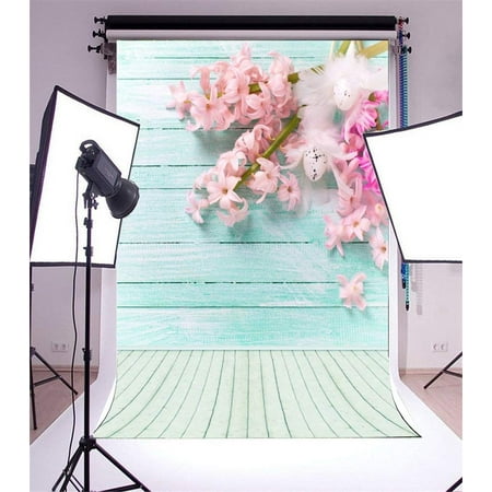 Image of ABPHOTO 5x7ft Photography Backdrop Blooming Flowers Eggs on Blue Paint Wall Stripes Wooden Floor Photo Background Backdrops