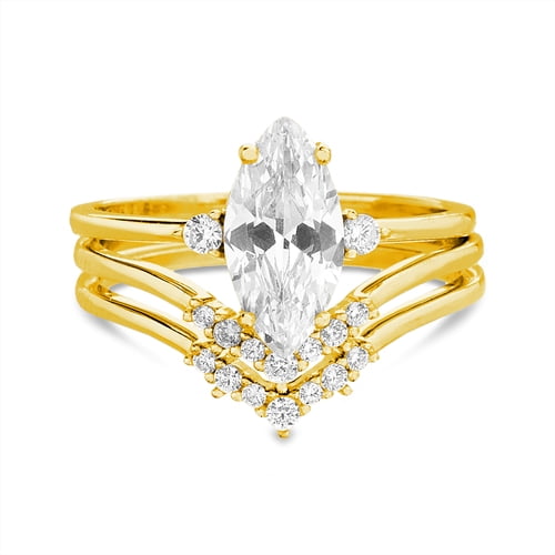 TwoBirch 925 Silver Marquise Three Ring Bridal Set with Three Stone