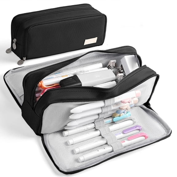 OCCOA Multi Layer Zippered Pencil Case with Elastic Straps Large Capacity Oxford Cloth Organizer for Pens Rulers Office Travel Stationery Storage, Black