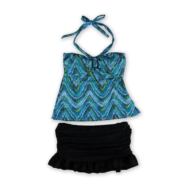 Bandeau de 2 piezas con estampado de falda con volantes para mujer de Island Escape, azul, 12