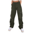 thumbnail image 2 of BRDFRL Cargo Pants for Women High Waisted Casual Pants Baggy Wide Leg Trousers Y2K Streetwear with 6 Pockets Army Green S, 2 of 8