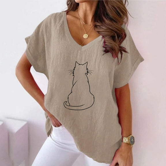 Viikei Blouse for Women Dressy Casual,Women V-neck Print T-Shirts Fashion Comfortable Female Blouses Khaki S