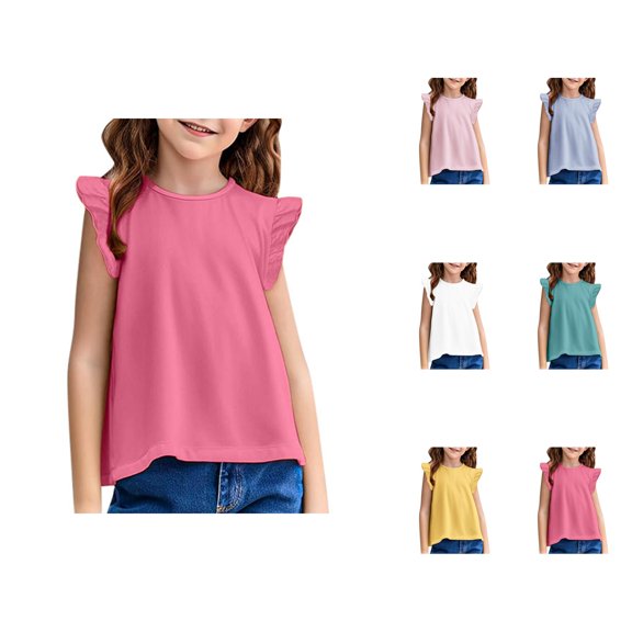 Girls T Shirts Solid Color Ruffle Sleeve Crew Neck Shirts Breathable Stretchy Soft Tops Fashion Comfortable Casual Loose Fit Blouse for Kids Everyday Wear