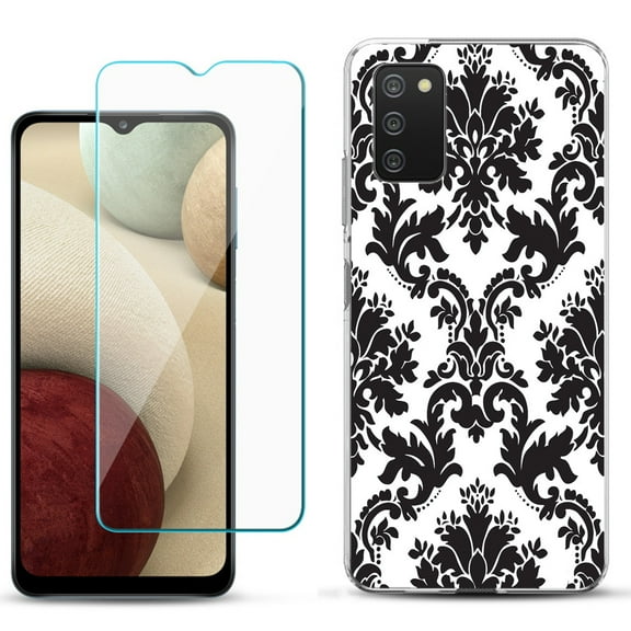 Slim-Fit TPU Phone Case Compatible with Samsung Galaxy A02s, with Tempered Glass Screen Protector, by OneToughShield ® - Victorian White/Black